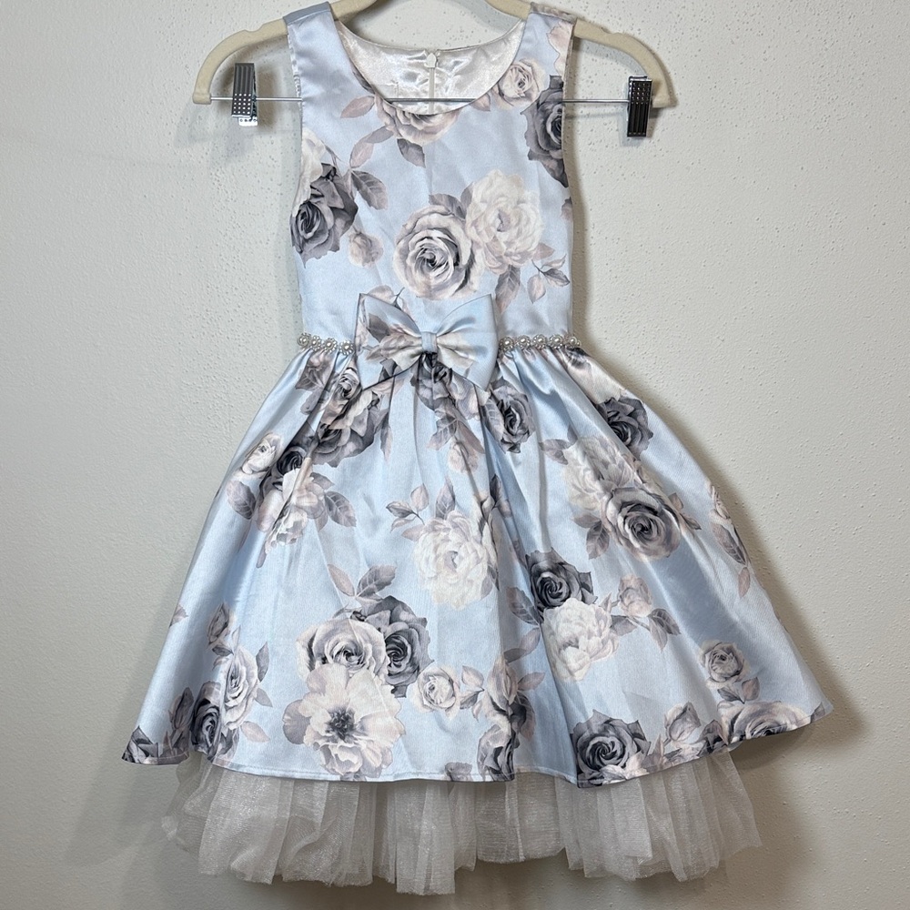 Light Blue Floral Tulle Hem Girls' Formal Dress with Bow